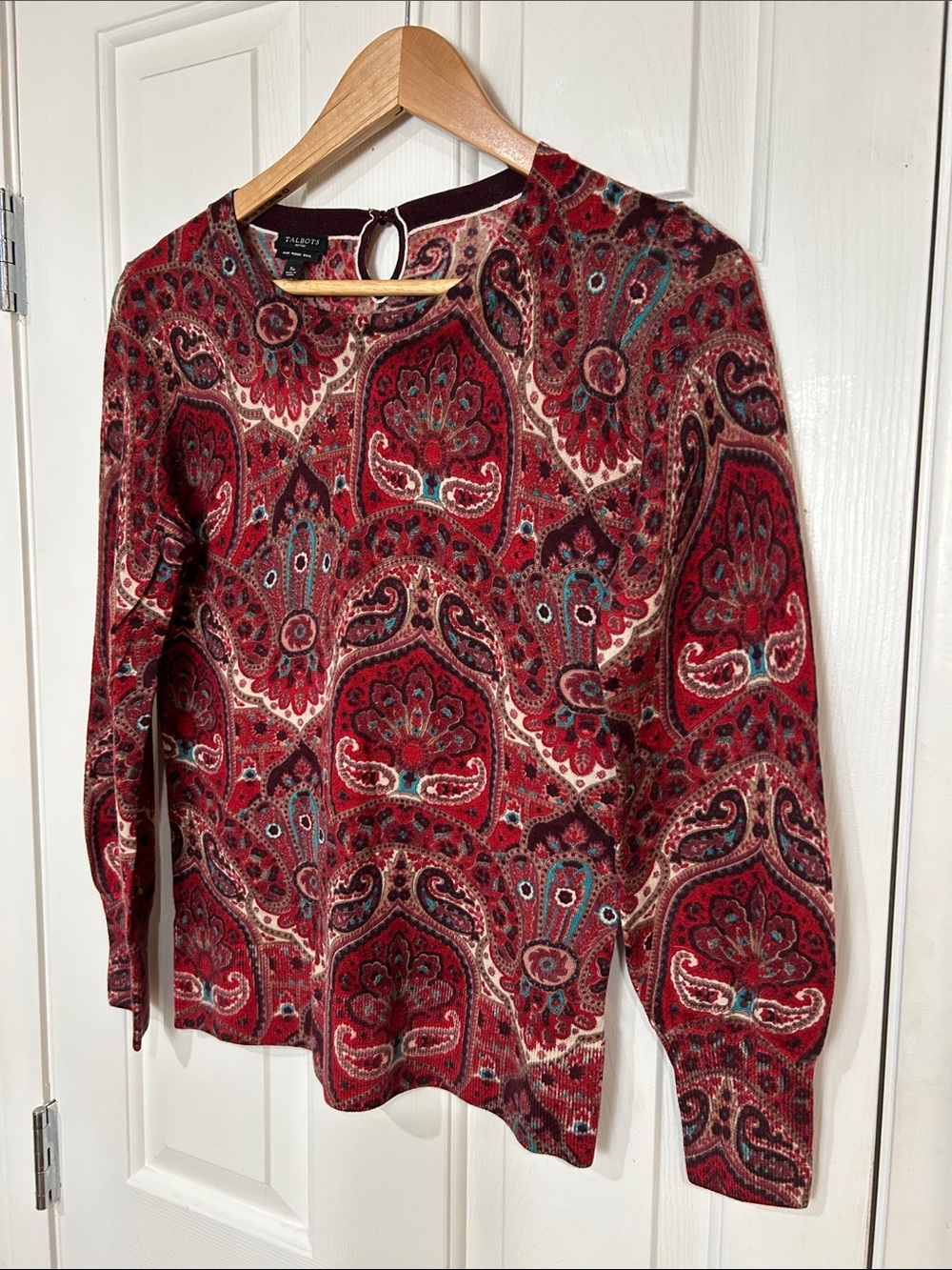 Talbots Red Multi Paisley Pure Merino Wool Keyhole Sweater Petite Small PS